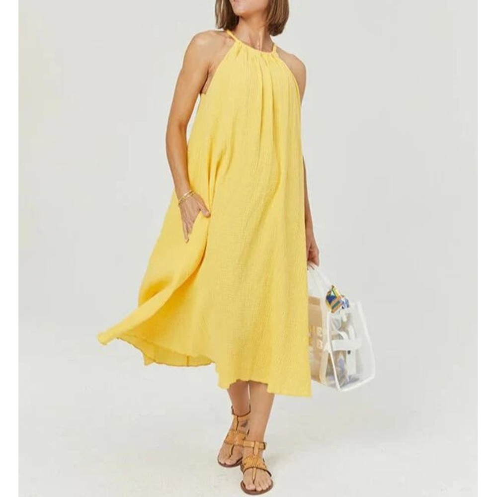Shebird Halter Midi Dress Womens 5 Yellow Built-in Bra Gauze Cotton Pockets